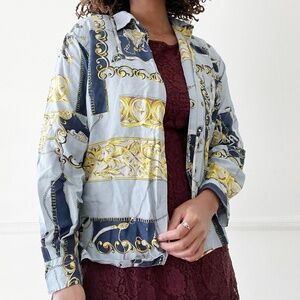 vintage silk medieval renaissance print button up shirt